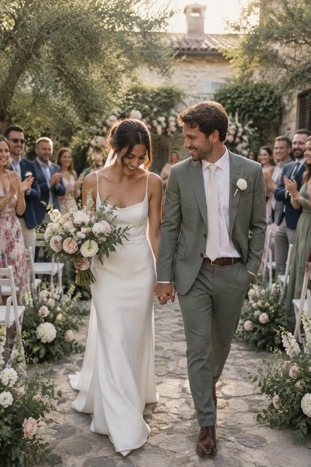 Newlyweds walking hand in hand through a small courtyard ceremony